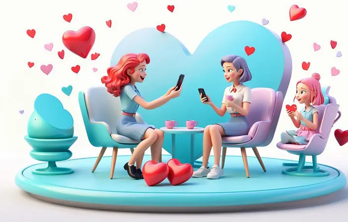 Friends Chatting Online with Mobile 3D Picture Cartoon Illustration